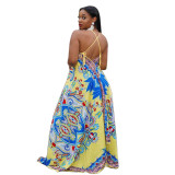 Yellow Sexy Print Cross Back Strap Plus Size Wide Jumpsuits
