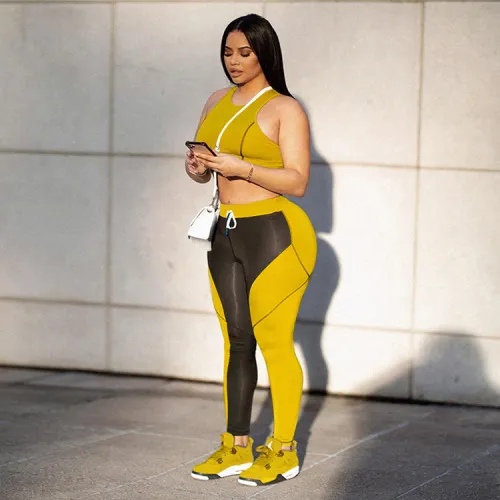 Colorblock Yellow Tank Top and Pants Yoga Sports Suits