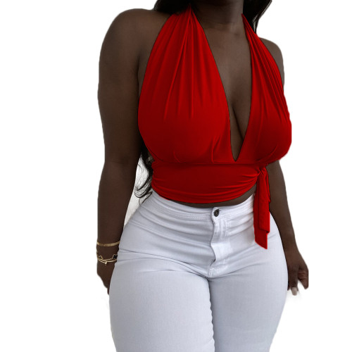 Plus size Red Neck Halter Backless  Bandage Top