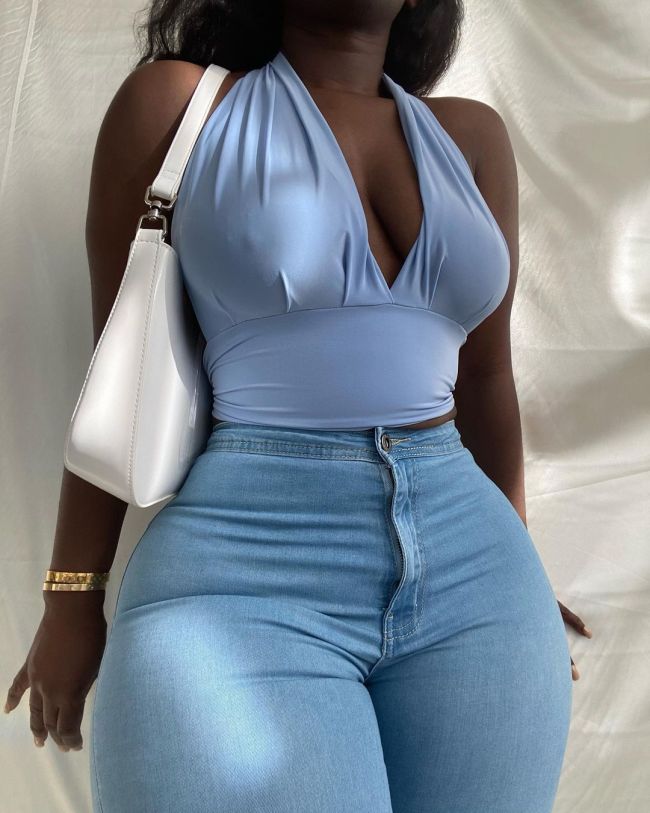 Light Blue Plus size  Neck Halter Backless  Bandage Top