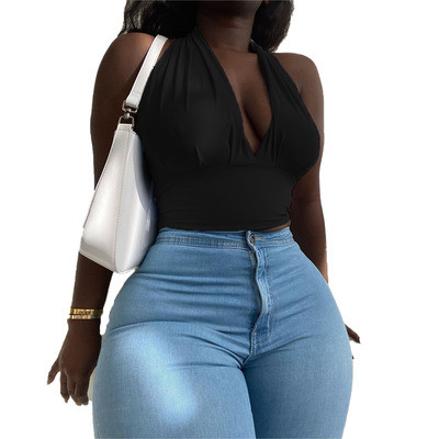 Plus size Black  Neck Halter Backless  Bandage Top