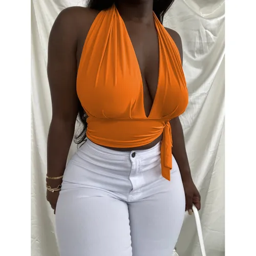 Plus size Orange  Neck Halter Backless  Bandage Top