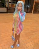 Sexy Colorful Print See Through Mesh Long Sleeve Bodycon Dress