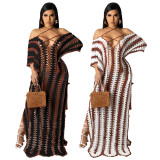 Summer Black & Brown Crochet Hollow Out Slit Maxi Beach Dress