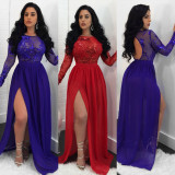 Red See Through Lace Bodice Keyhole Slit Evening Dress