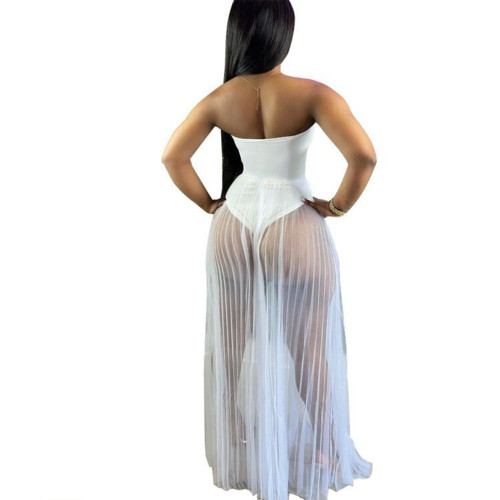 White Strapless Mesh Splicing Sexy See Through Maxi Dress