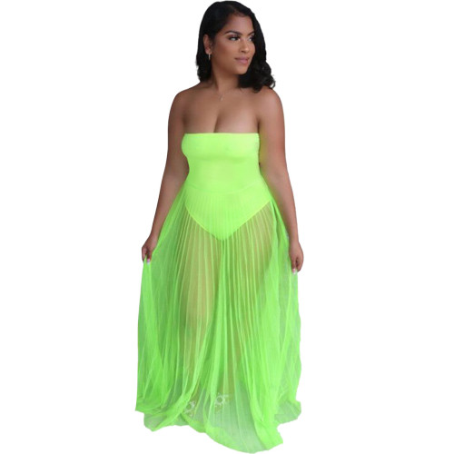 Neon Green Strapless Mesh Splicing Sexy See Through Maxi Dress