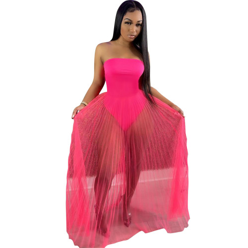 Hot Pink Strapless Mesh Splicing Sexy See Through Maxi Dress