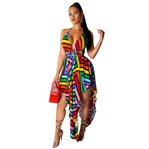 Geometric Print Colorful Deep-V Irregular Sexy Dress