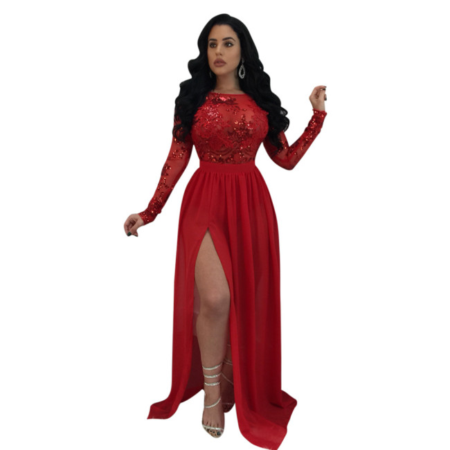 Red See Through Lace Bodice Keyhole Slit Evening Dress
