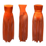 Orange Strapless Mesh Splicing Sexy See Through Maxi Dress