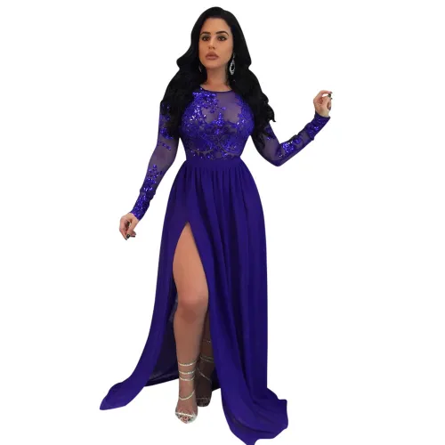 Blue See Through Lace Bodice Keyhole Slit Evening Dress