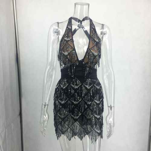 Sequin Black Sexy Deep-V Mini Club Dress
