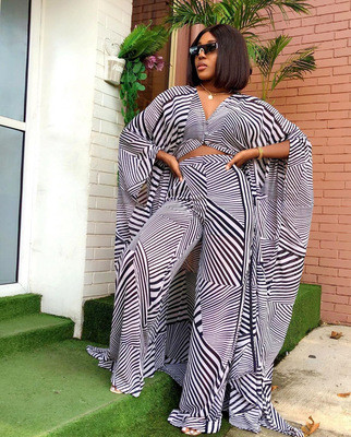 African Print Stripes Long Cardigan and Wide Pants Two Piece Set