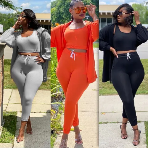 Solid Orange 3 Piece Set Cardigan + Crop Top +Pants