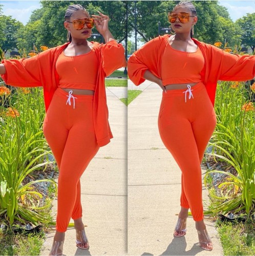 Solid Orange 3 Piece Set Cardigan + Crop Top +Pants