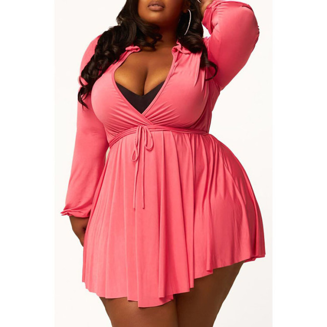 Pink Sexy Turndown Collar Irregular A Line Plus Size Dresses
