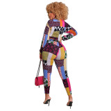 Print Multicolor Tie Front Shirt and Tight Pants Two Pieces
