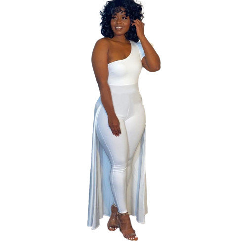 One Shoulder White Bodycon Jumpsuit with Overlay