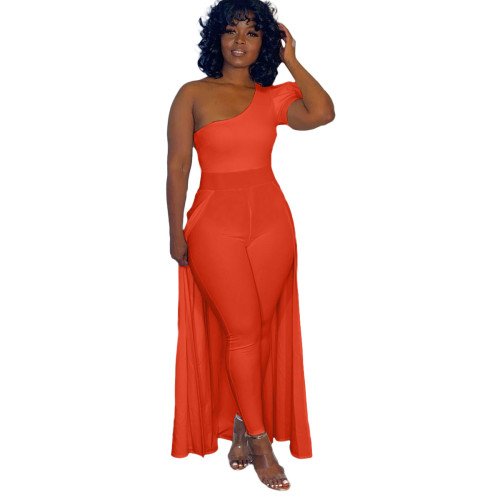 One Shoulder Orange Bodycon Jumpsuit with Overlay