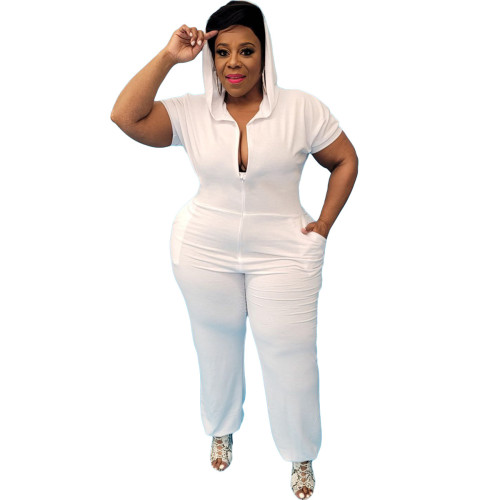White Short Sleeve Casual Plus Size Hooded Jumpsuit