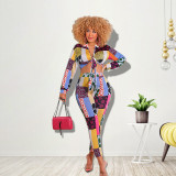 Print Multicolor Tie Front Shirt and Tight Pants Two Pieces