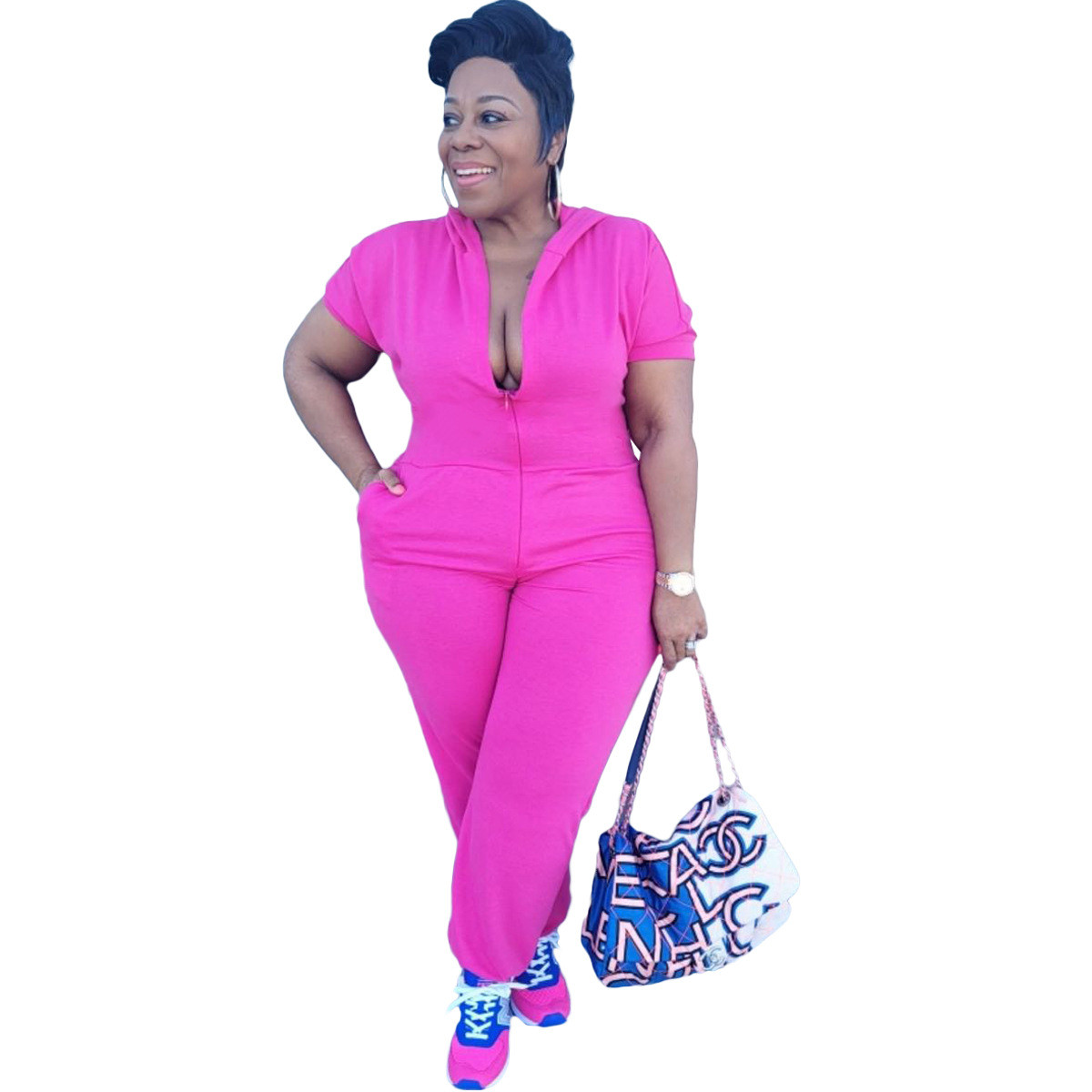 Hot Pink Short Sleeve Casual Plus Size Hooded Jumpsuit US$ 9.70 - www ...