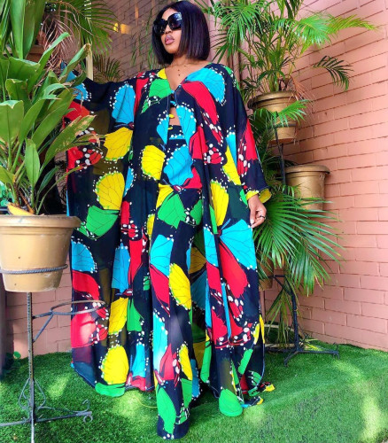African Butterfly Print Long Cardigan and Wide Pants Two Piece Set