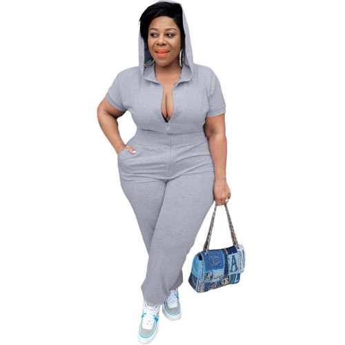 Gray Short Sleeve Casual Plus Size Hooded Jumpsuit