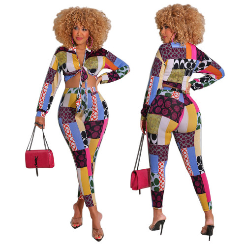 Print Multicolor Tie Front Shirt and Tight Pants Two Pieces