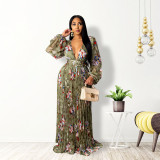 Green Floral Deep-V Long Sleeve Pleated Maxi Dress with Belt