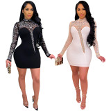 Sexy White Mesh Splicing Rhinestone Mock Neck Bodycon Dress