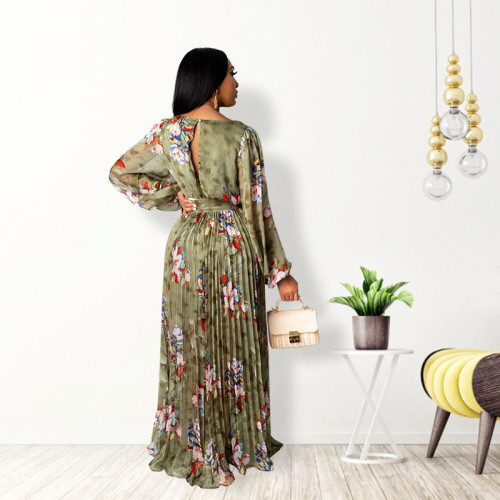 Green Floral Deep-V Long Sleeve Pleated Maxi Dress with Belt