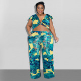 Print Green Plus Size Ruffle Backless Crop Top and Wide Leg Pants Set
