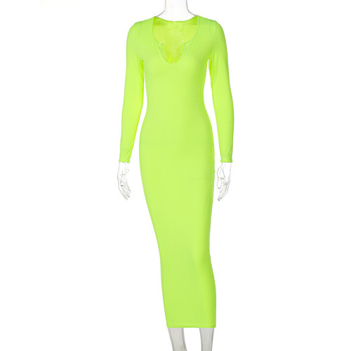 Autumn Sexy Lime Ribbed U Neck Bodycon Long Dress