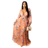 Pink Floral Deep-V Long Sleeve Pleated Maxi Dress with Belt