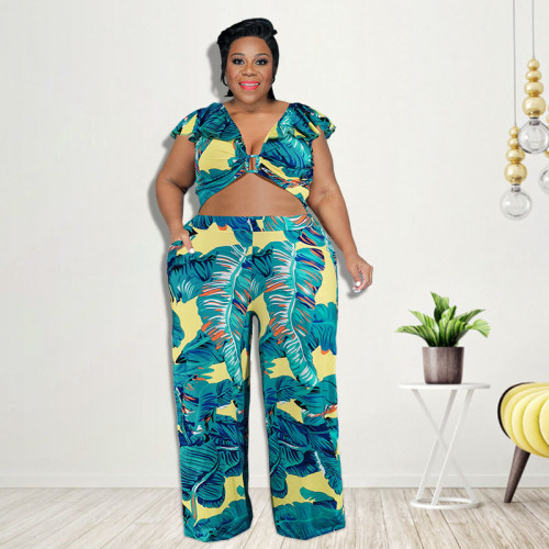 Print Green Plus Size Ruffle Backless Crop Top and Wide Leg Pants Set
