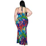 Leaf Print Halter Strap Plus Size Maxi Dress