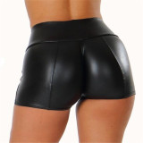 S-5XL Khaki PU Leather High Waist Shorts