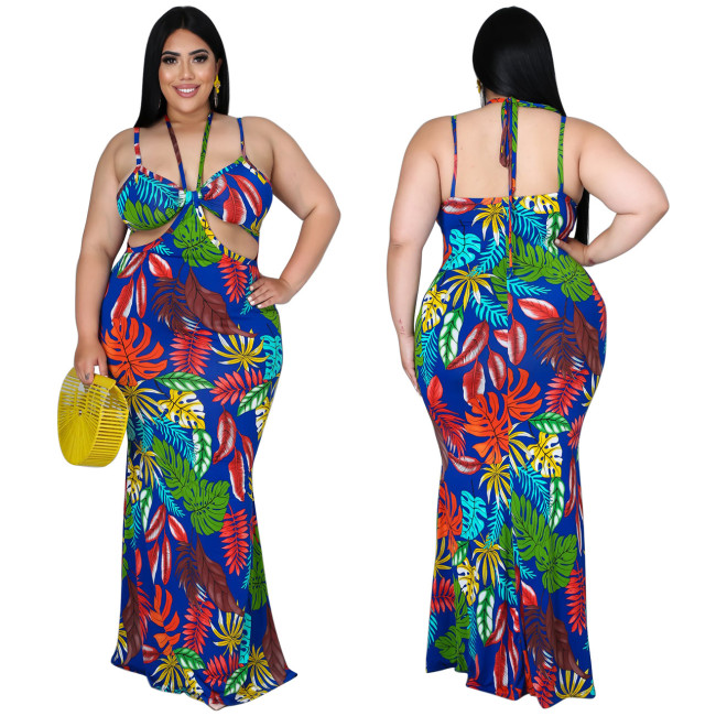 Leaf Print Halter Strap Plus Size Maxi Dress
