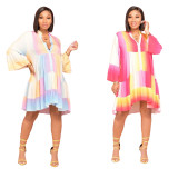 Tie Dye Red Button Up A Line Long Sleeve Casual Dress