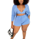 Plus Size Blue Ribbed 3PCS Cami Top + Shorts + Cardigan