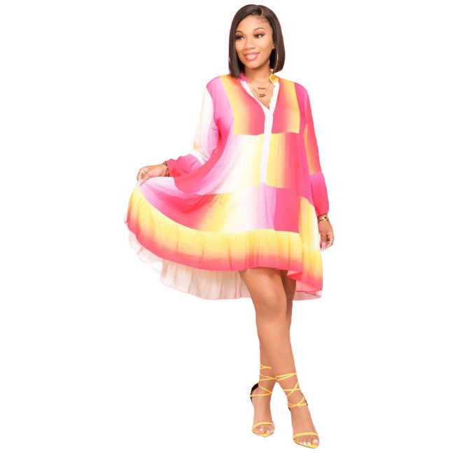 Tie Dye Red Button Up A Line Long Sleeve Casual Dress