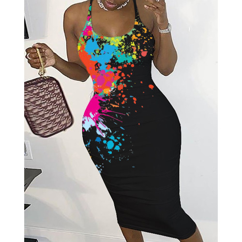 Plus Size Black Splash Ink Print Cami Bodycon Dress