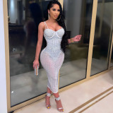 White Rhinestone Sexy Cami Midi Dress