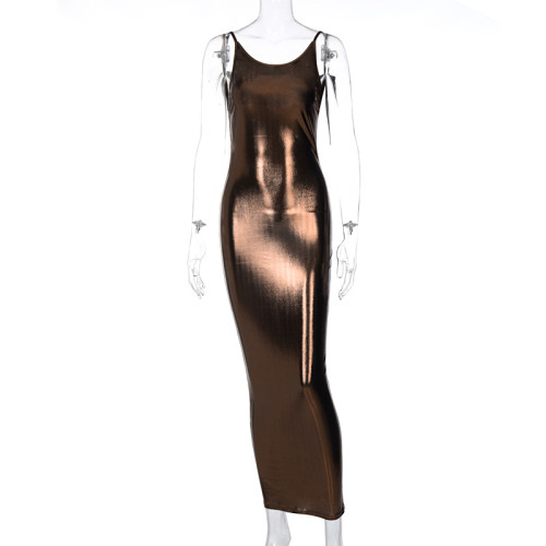 Sexy Backless Sleeveless Metallic Brown Maxi Dress