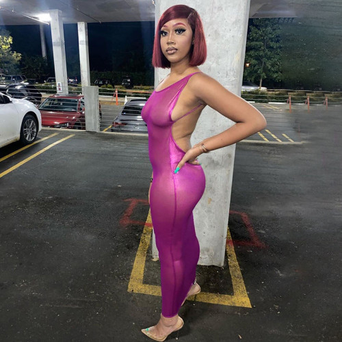 Sexy Backless Sleeveless Metallic Pink Maxi Dress