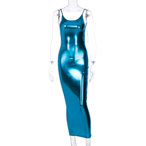 Sexy Backless Sleeveless Metallic Blue Maxi Dress