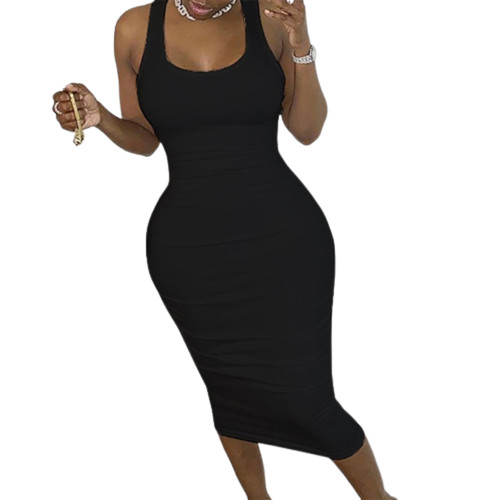 Plus Size Strappy Back Black Sleeveless Bodycon Dress