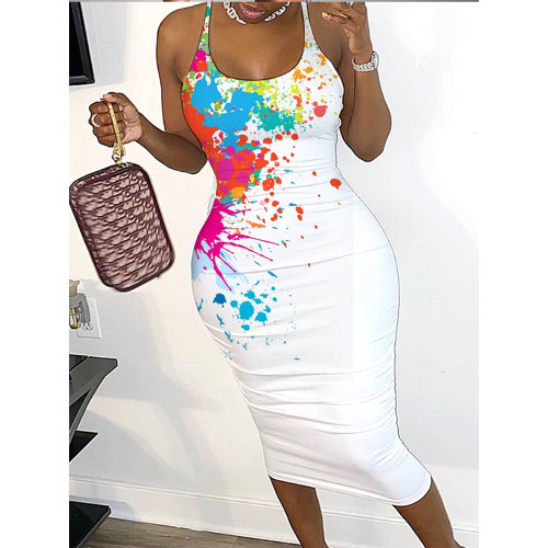 Plus Size White Splash Ink Print Cami Bodycon Dress